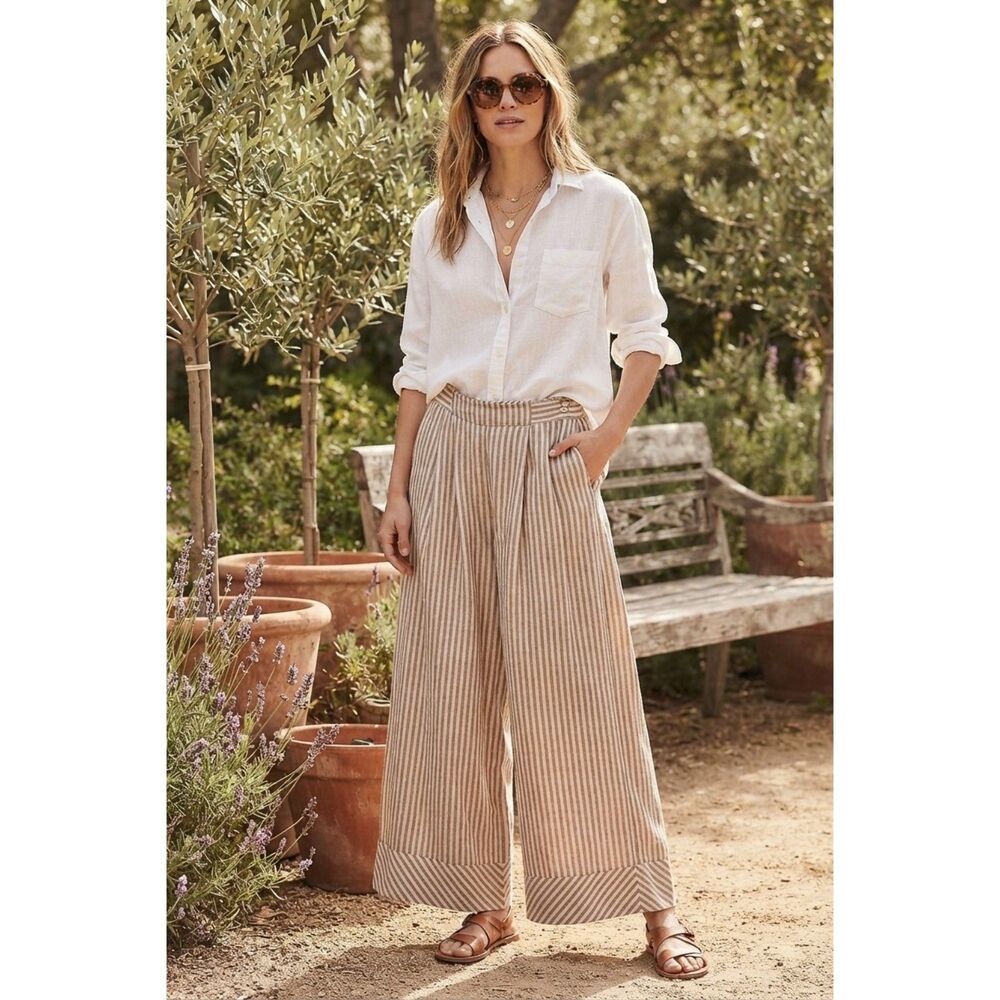 Anokhi size small cream and tan stripe wide leg pants with button closures